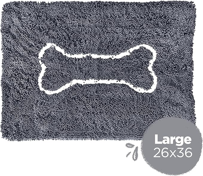Soggy Doggy Doormat with Bone Design - Ultra Absorbent Microfiber Chenille Wet Dog Mat for Muddy Paws - Non-Slip and Machine Washable (Grey/Light Grey Bone, Large 26” x 36”)