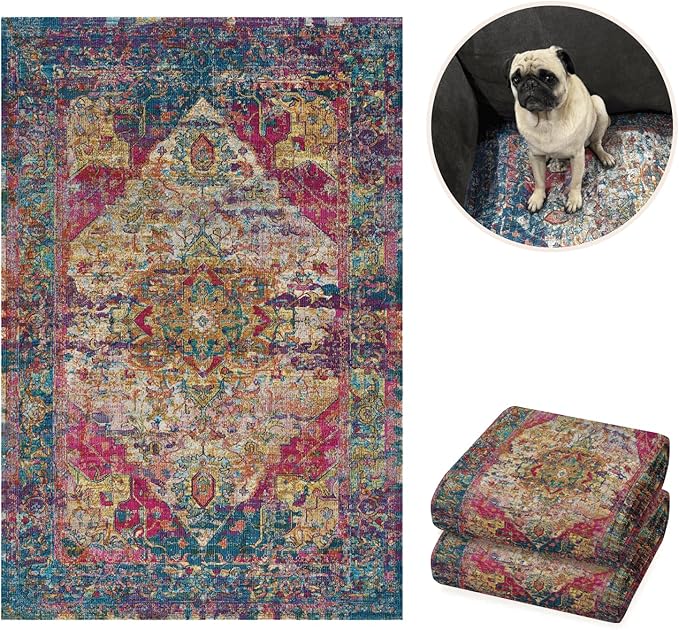 Stylish Waterproof Dog Mats for Muddy Paws - Decorative Washable Pet Floor Protectors - Large 36 x 48 Inch Rug-Look Pads - Machine Washable, Non-Slip Backing - 2 Pack (Bohemian Jewel)