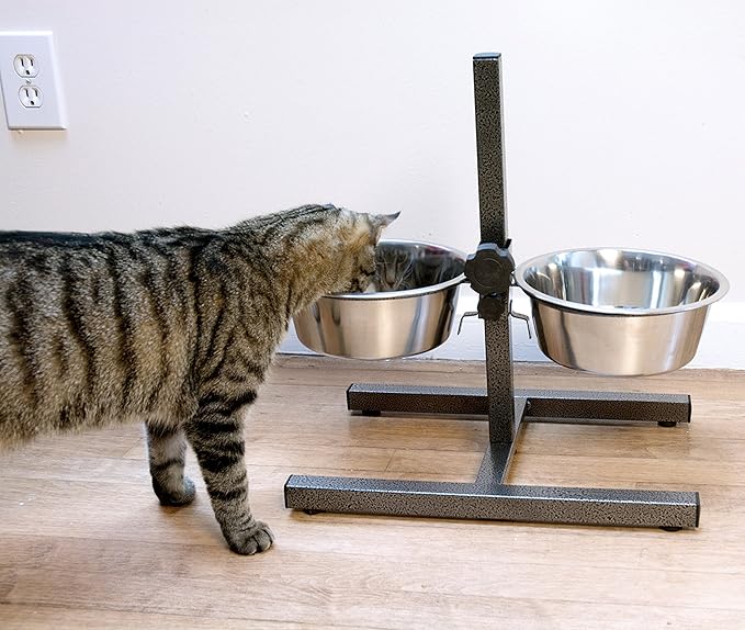 Iconic Pet Adjustable H-Design Double Diner - Non-Skid Rubber Base Noise Free Stable Dog Food Stand with 3 Quart/ 96 oz Stainless Steel Elevated Dog Food Bowls for Proper Growth & Digestion