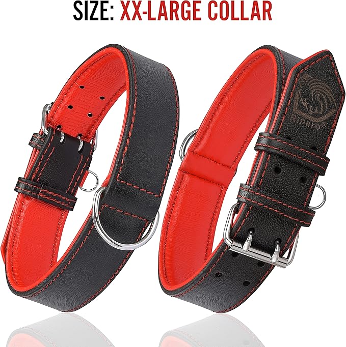 Riparo Adjustable Leather Dog Collar - Heavy Duty Wide Dog Collar for Small, Medium, Large and Extra Large Dogs with Dog Tag Holder (XL: 1.75" Wide for 21”-25” Neck, Black/Red Thread)