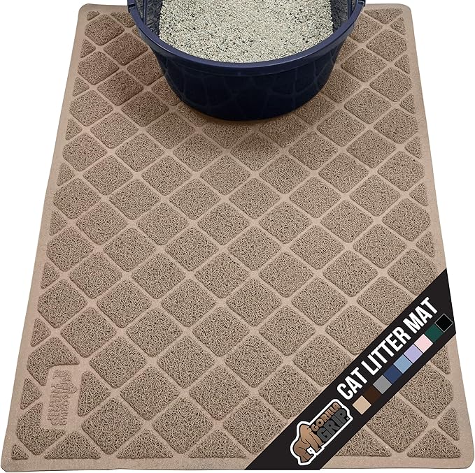 GORILLA GRIP Cat Litter Box Mat, 35x23, Water Resistant, US Designed Kitty Litter Trapping Mats, Easy to Clean, Scatter Control, Less Mess and Clean Floors, Kitten Supplies for Indoor Cats, Beige