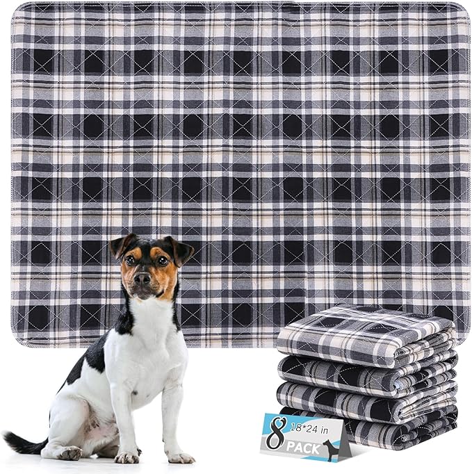 Washable Pee Pads for Dogs - 18”x24” 8PCS, Whelping Pad for Puppy Training, Playpen Crate Bed Floor Protector, Reusable Dog Potty Pads Non-Slip, Super Absorbent & Odor Controlling, Black Plaid