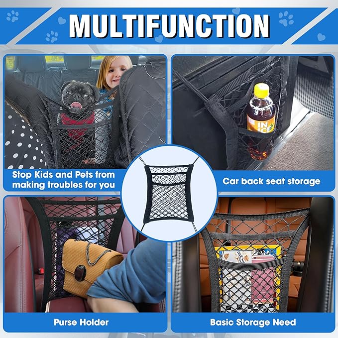 Dog Car Net Barrier 3-Layer– Stretchable Dog Car Barrier & Pet Divider Dog Barrier for Car Back Seat with Storage Mesh – Easy Install, Safer Driving with Pets & Kids – Fits Most Cars & SUVs (Style 1)