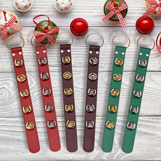 Bevin Bells Leather Sleigh Bell Strap | Five (1 ") Bells | Brown/Brass | Door Hanger | Dog Potty Training | Made of Steel | Christmas Holiday Decoration | Sturdy Hanging Loop | Made in CT, USA