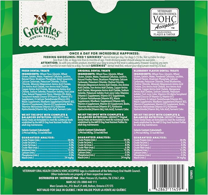 Greenies Veterinarian-Recommended Adult Natural Dental Dog Treats Teenie Size, Fresh Flavor, Original Flavor, and Blueberry Flavor, (3) 12 oz. Packs, 129 Count
