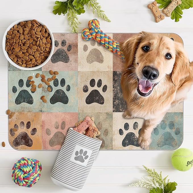 Cute Cat Paw Print Dog Food Mat for Floors,Vintage Absorbent Pet Food and Water Bowl Mats,Non-Slip Pet Feeding Mat,Pet Supplies 16" x 24"