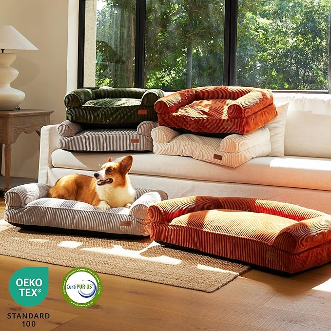 FUKUMARU Dog Couch Bed, Corduroy Cozy Cat Bed for Indoor Cats with Washable Cover, 28in Waterproof Orthopedic Dog Beds Sofa for Small Dogs and Large Cats, Cute Warm Cotton Pet Sofa, Cream