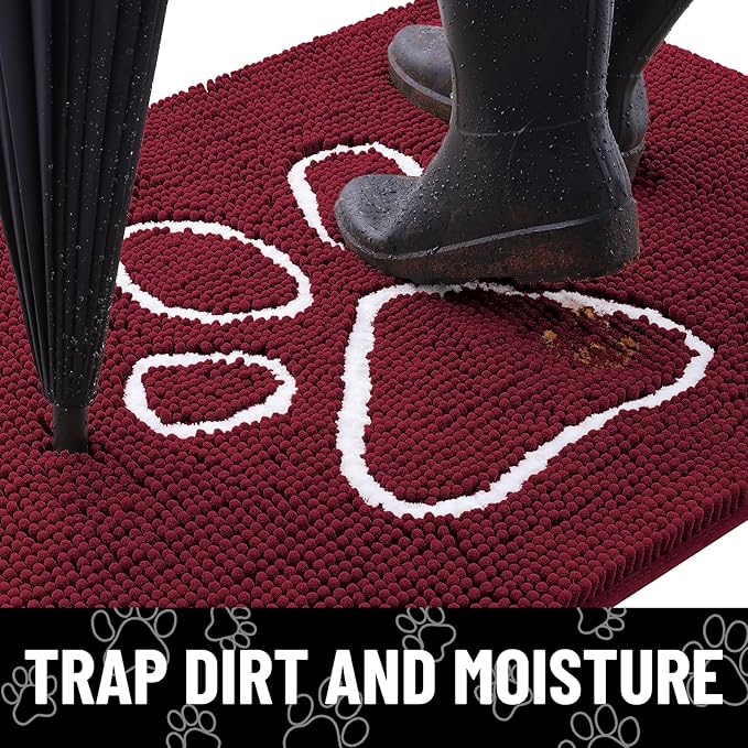 Smiry Dog Door Mat for Muddy Paws, Absorbent Dirt Trapper Non Slip Quick Dry Washable Chenille Mat for Mud Dogs, Entry Rug for Indoor and Outdoor (36x24 Inches, Burgundy and White)