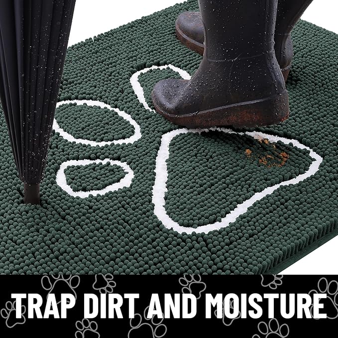 Smiry Dog Door Mat for Muddy Paws, Absorbent Dirt Trapper Non Slip Quick Dry Washable Chenille Mat for Mud Dogs, Entry Rug for Indoor and Outdoor (71x46 Inches, Green and White)