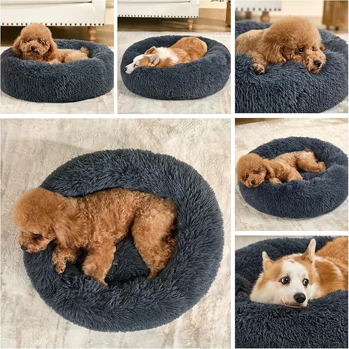 Dog Calming Beds for Small Medium Large Dogs - Round Donut Washable Puppy Dog Bed, Anti-Slip Faux Fur Fluffy Donut Cuddle Anxiety Cat Pet Bed(16" Dark Grey)
