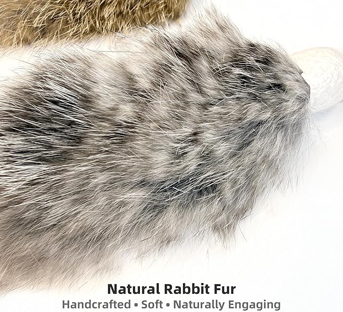 2 Pack Natural Rabbit Fur Cat Toy Refills – Silent Interactive Cat Toys for Indoor Cats, Handmade Replacement Heads with Secure Connector for Cat Wand Toys