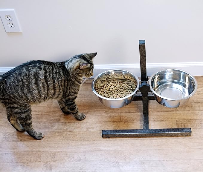 Iconic Pet Adjustable H-Design Double Diner - Non-Skid Rubber Base Noise Free Stable Dog Food Stand with 2 Quart/ 64 oz Stainless Steel Elevated Dog Food Bowls for Proper Growth & Digestion
