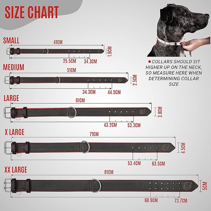 Riparo Adjustable Leather Dog Collar - Heavy Duty Wide Dog Collar for Small, Medium, Large and Extra Large Dogs with Dog Tag Holder (XL: 1.75" Wide for 21”-25” Neck, Black/Red Thread)