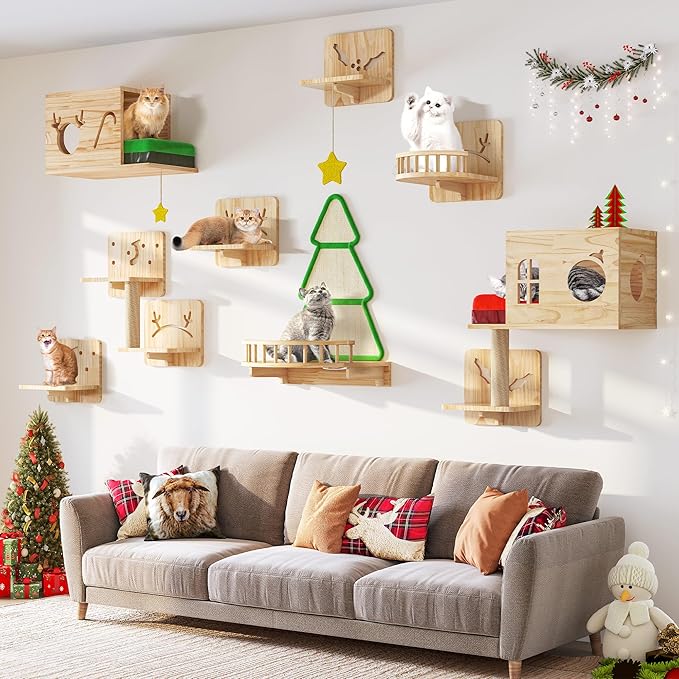 Cat Wall Shelves, 17-in-1 Solid Wood Wall-Mounted Cats Furniture Set with Scratching Post, Cat Climbing Wall Systems with Condos, House, Steps, Cushion, Small Bowl, Cats Shelf Furniture