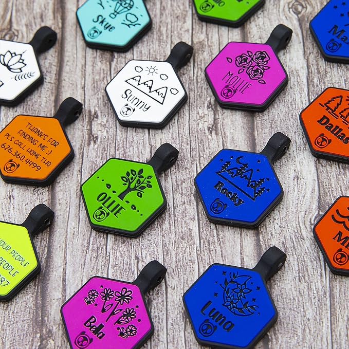 Silicone Silent Dog Tag Personalized with 5 Lines of Custom Deep Engraved Durable Soundless Pet ID Name Tag Hexagon Designer White