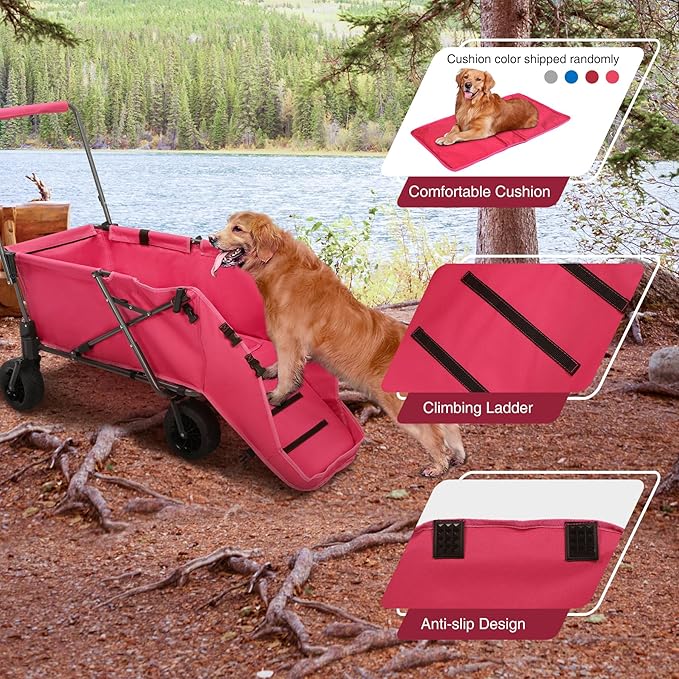 REDCAMP Folding Dog Wagon Cart with Removable Canopy Heavy Duty, 220L Large Collapsible Utility Cart Dog Stroller with Tailgate for Sports Shopping Pet, Pink
