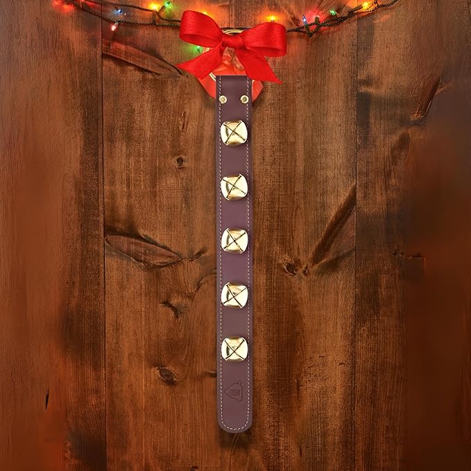 Bevin Bells Leather Sleigh Bell Strap | Five (1 ") Bells | Brown/Brass | Door Hanger | Dog Potty Training | Made of Steel | Christmas Holiday Decoration | Sturdy Hanging Loop | Made in CT, USA