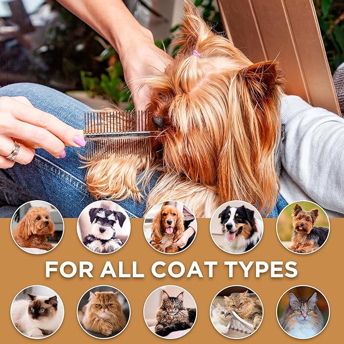 Takavu Double-Sided Metal Pet Comb for Dogs & Cats - Stainless Steel Teeth for Detangling, Removing Loose Hair & Flea Check - Grooming Tool