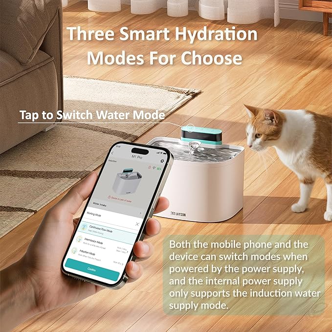 PET LAYSON Pumpless Cat Water Fountain,App Remote Control Smart Cordless Battery Operated 3.6L/122oz Wireless 2.4GHz Wi-Fi Networks Rechargeable Water Dispenser (Black, M1Pro-16 Filter)