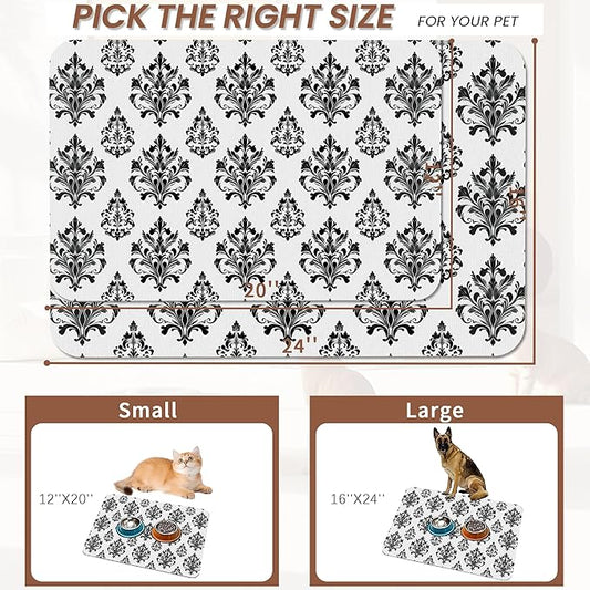 Vintage Damask Flower Dog Cat Food Mat,White Black Floral Absorbent Pet Feeding Mat for Food and Water,Non-Slip Dog Bowl Mats Floor Protector 12"x20"