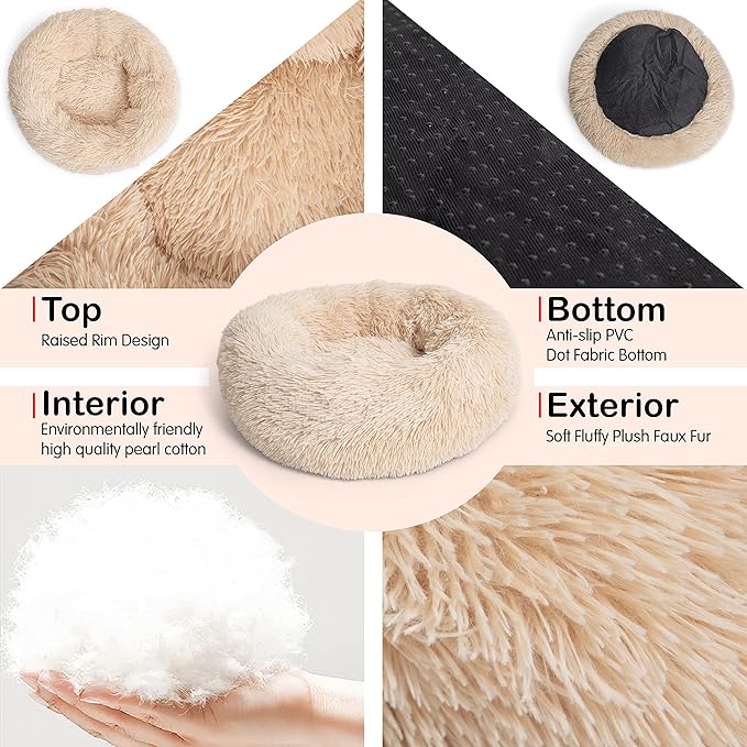 Small Dog Bed Calming Dogs Bed for Small Medium Large Dogs Anti-Anxiety Puppy Bed Machine Washable Warming Cozy Soft Pet Round Bed Fits up to 10-100 lbs (Small (Pack of 1), Beige)