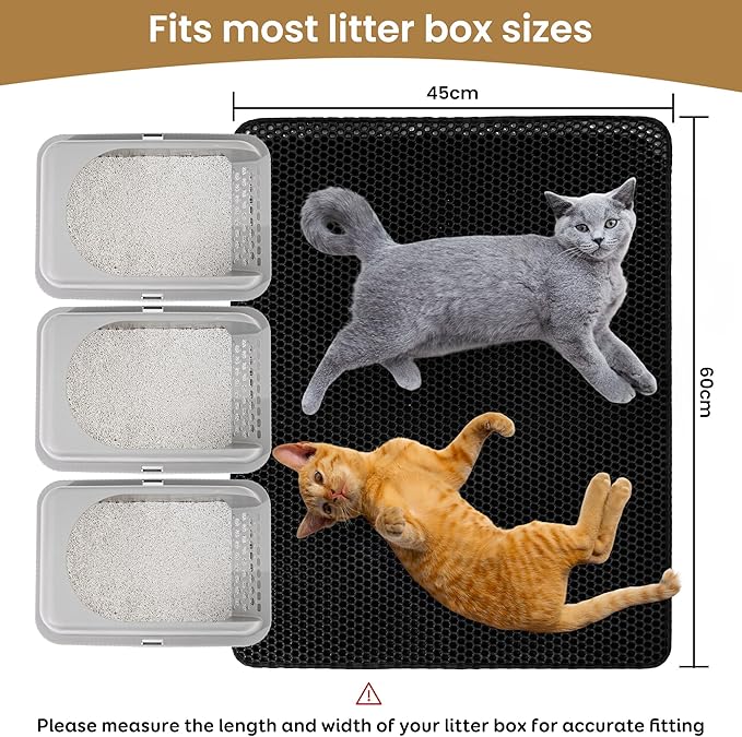 Cat Litter Mat 24x18 Inches, Honeycomb Double Layer Traps Litter & Waterproof Leatherette Bottom Prevents Urine Leaks, Durable & Easy Clean Pet Floor Protector for Cat Litter Box Area（Black）