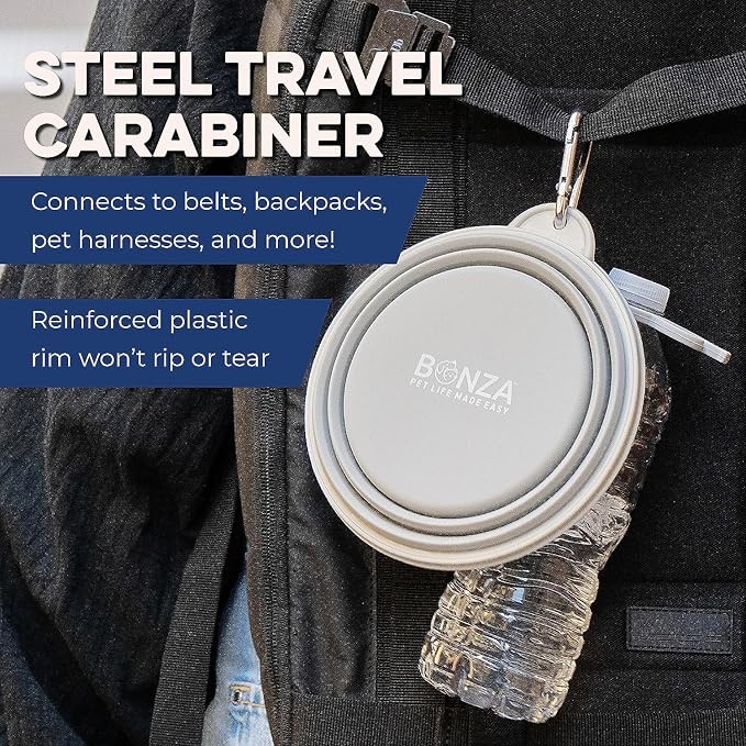 Bonza Collapsible Dog Bowls - Small 12 oz, Dog Travel Accessories, Silicone Portable Dogs Bowl & Water Dish with Reinforced Rim & Carabiner for Hiking, Camping, and Car Trips, Navy Blue
