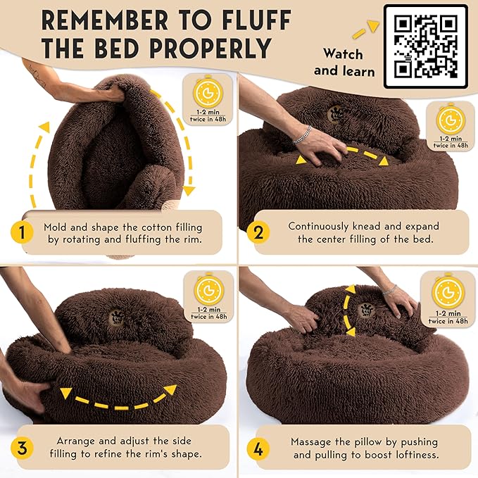 PetJett Calming Dog Beds Large Sized Dog - 36'' Round Bed, Anti-Slip & Washable Super Soft Donut Bed, Fluffy Faux Fur Anti-Anxiety Premium Comfort Pet Bed, Fits Dogs up to 100 lbs - Brown