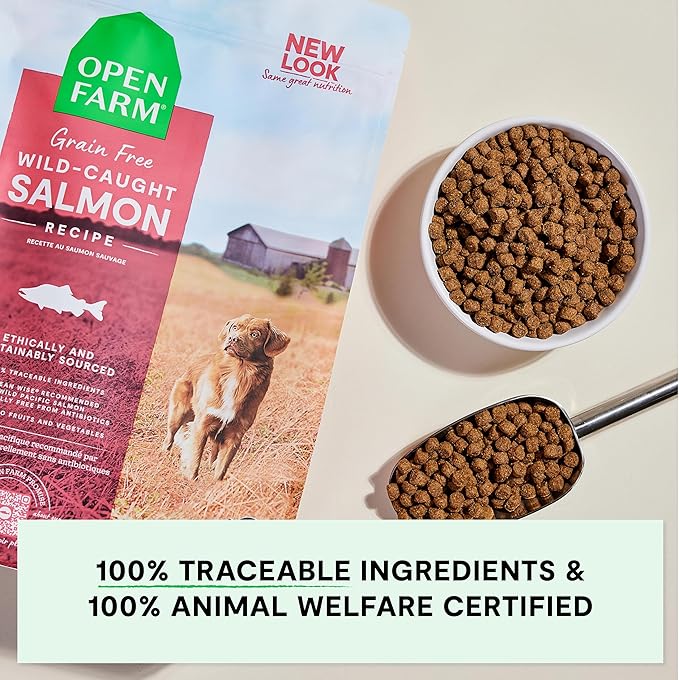 Open Farm, Grain-Free Dry Dog Food, Complete & Balanced Kibble, Sustainably & Ethically Sourced Ingredients, Non-GMO Veggies & Superfoods to Support Overall Health, Wild-Caught Salmon Recipe, 22lb Bag