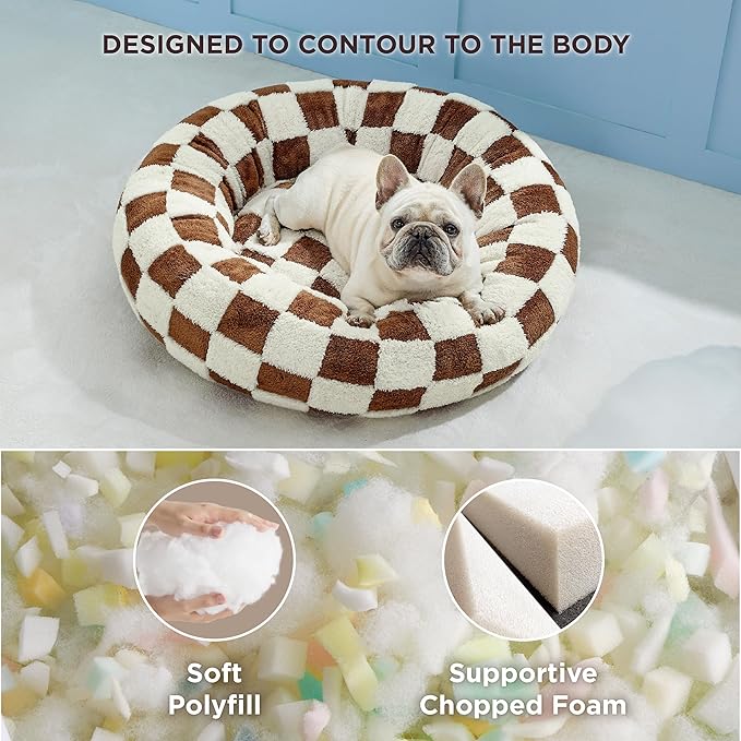 LE SURE Shown on TV Donut Medium Dog Bed - Round Sofa Indoor Anti-Anxiety Calming Christmas Bed Gift for Pets, Washable Cute Modern Beds with Jacquard Shaggy Plush & Anti Slip Bottom, 30 Inch, Brwon