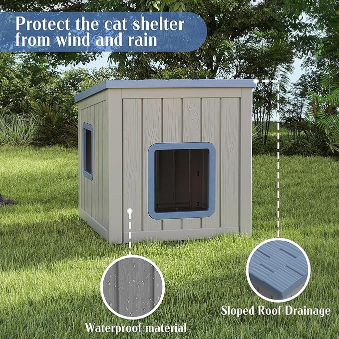 Cat House Outdoor Waterproof,Resin Cat Shelter Feral,Easy to Clean Durable Slanted Top,Cat Bed for Cats and Easy to Assemble (Blue, 24.65 * 21.5 * 22.21in)