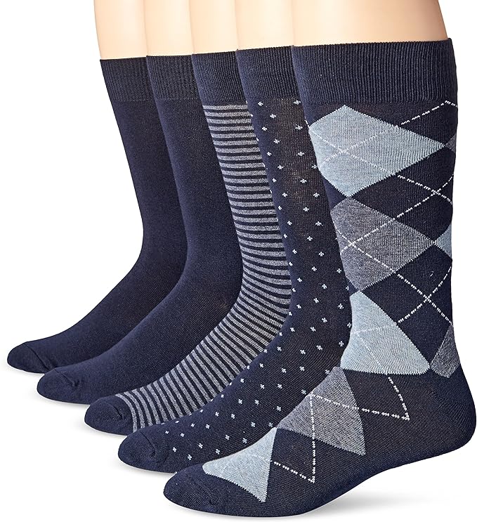 Amazon Essentials Men's Patterned Dress Crew Socks, 5 Pairs